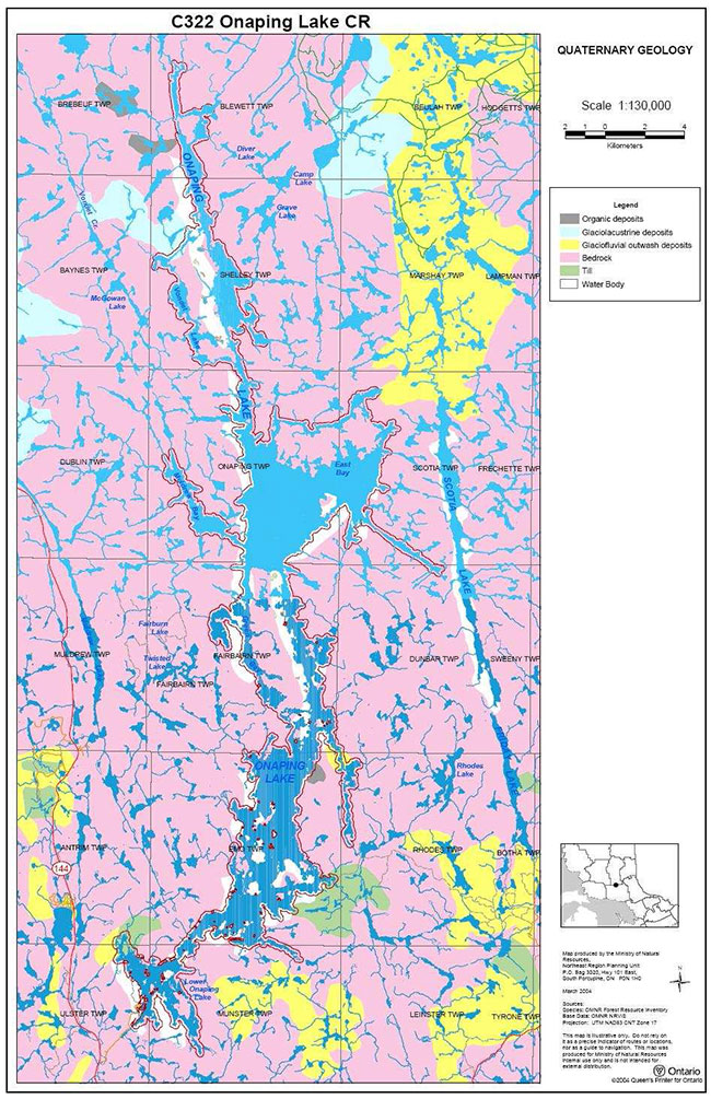 This map shows detailed information about Landforms in the Onaping Lake Conservation Reserve.